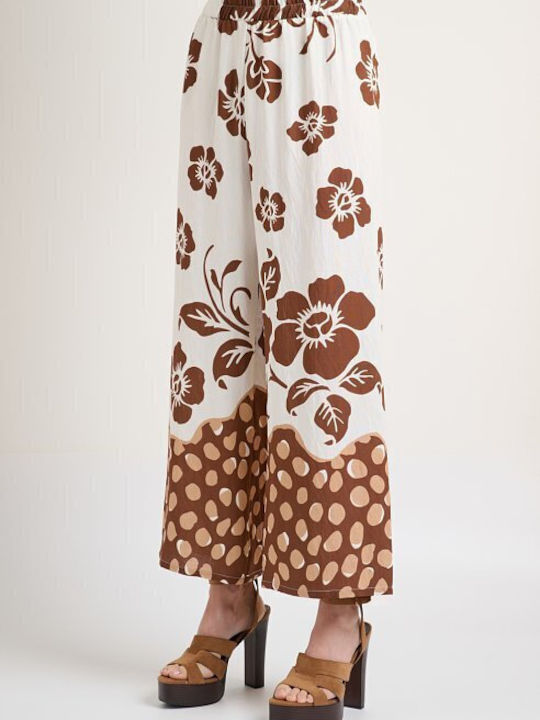 Women's Floral Print Brown Set with Trousers with Rubber Band in Loose Fit Floral