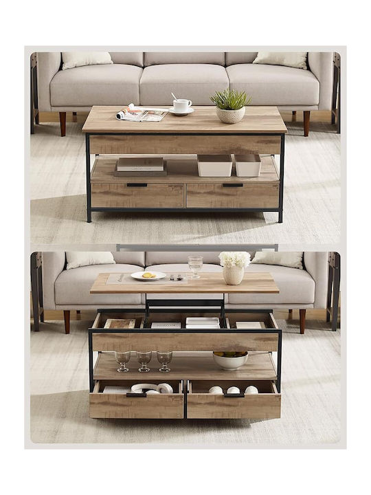 Rectangular Central Wooden Coffee Table with Lifting Mechanism and Drawers Brown 100x50x48cm