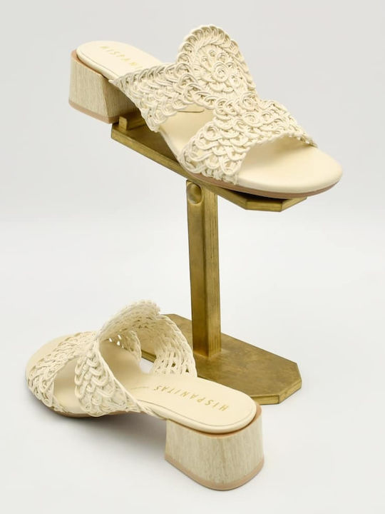 Leather Mules with Chunky Low Heel in Beige Colour