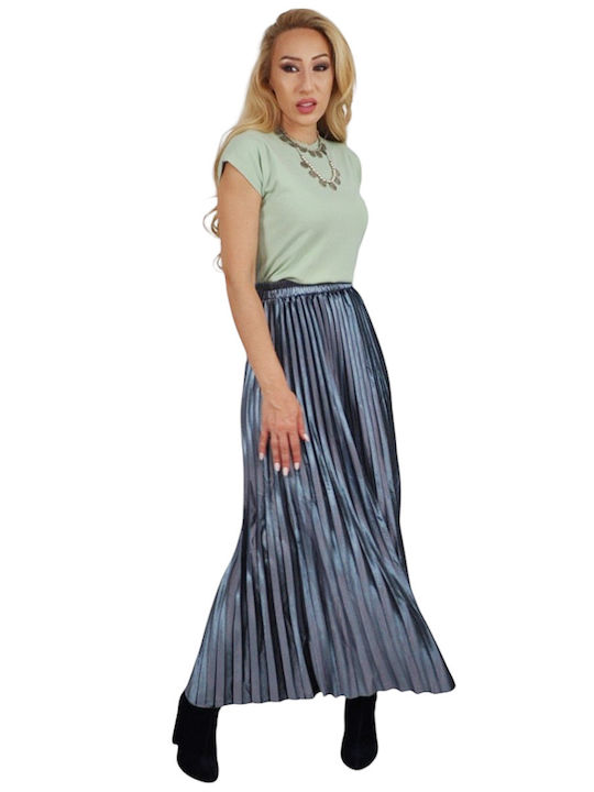 Pleated High Waist Maxi Skirt Blue