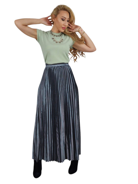 Pleated High Waist Maxi Skirt Blue