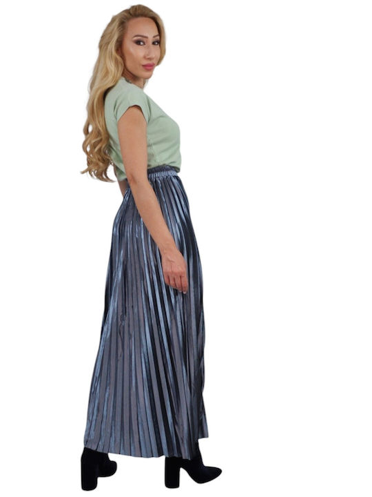 Pleated High Waist Maxi Skirt Blue