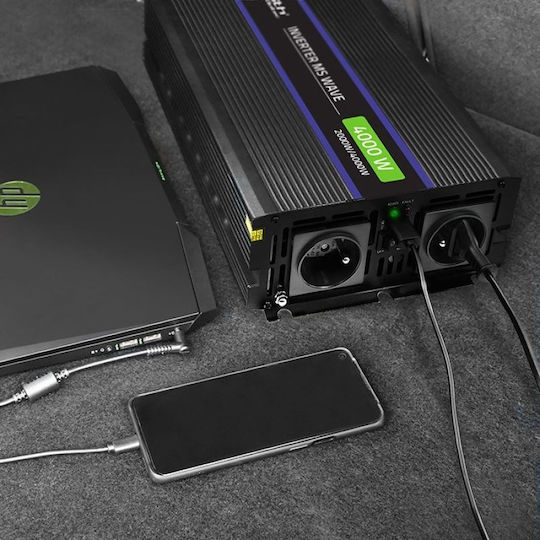 Qoltec Инвертор за кола Модифицирана синусоидална вълна 4000W за преобразуване на 12V DC в 230V AC