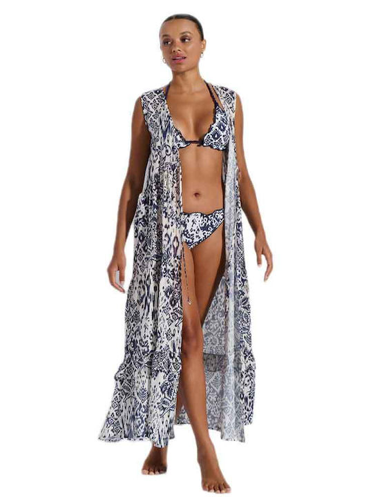 Jeannette Lingerie Kimono Lung De Plajă Pentru Femei Alb Și Albastru Imprimeu