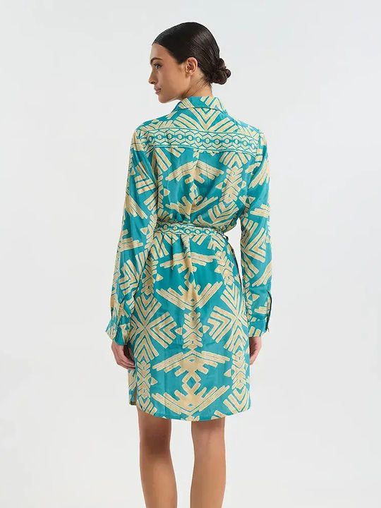 Long Sleeve Women's Silky Shirt Turquoise/ Gold