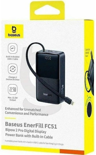 Baseus EnerFill FC51 Bipow 2 Pro Дигитална Външна Батерия 30000mAh 22.5W с 2 USB-A Изходни Порта и USB-C Изходен Порт Power Delivery / Бързо Зареждане Черна