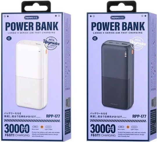 Remax RPP-177 Power Bank 30000mAh cu Port USB-A și 2 Porturi USB-C Negru
