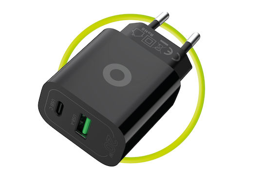 Mobile Origin Charger Without Cable with USB-A Port and USB-C Port 20W Power Delivery Black (MO12)