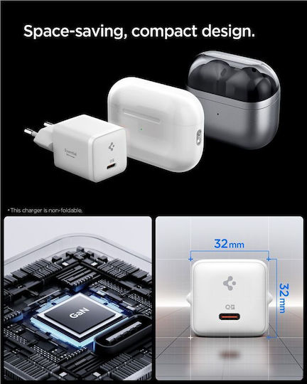 Spigen Зарядно без кабел с USB-C порт 30W Quick Charge 2.0 / Quick Charge 3.0 Бял (Essential)