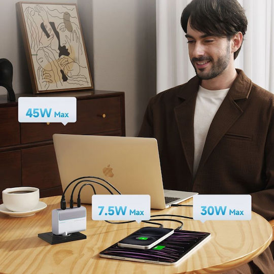 Cuktech Φορτιστής GaN με Θύρα USB-A και 2 Θύρες USB-C και Καλώδιο USB-C - USB-C 100W Λευκός (AD1003EU)