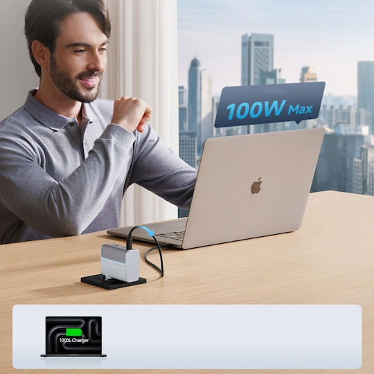Cuktech Φορτιστής GaN με Θύρα USB-A και 2 Θύρες USB-C και Καλώδιο USB-C - USB-C 100W Λευκός (AD1003EU)