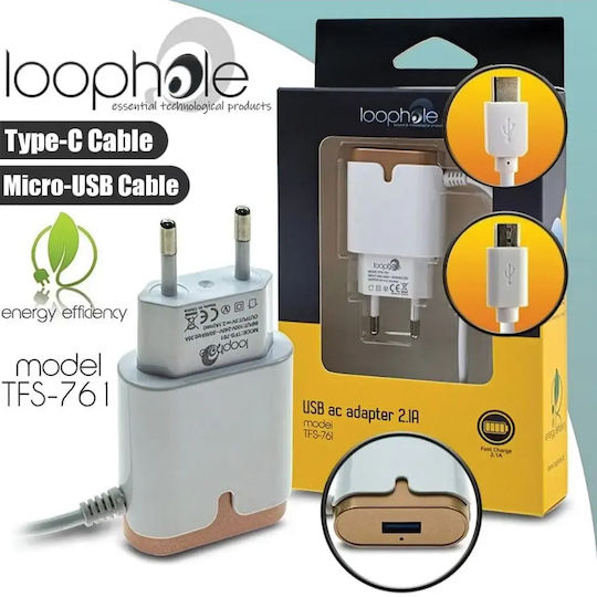 Loophole Φορτιστής με Ενσωματωμένο Καλώδιο micro USB 10W Χρυσός (Loophole TFS-761)