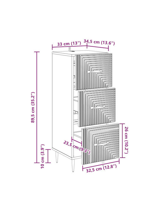 Wooden Storage Drawers with 3 Drawers L33xW34.5xH89.5cm