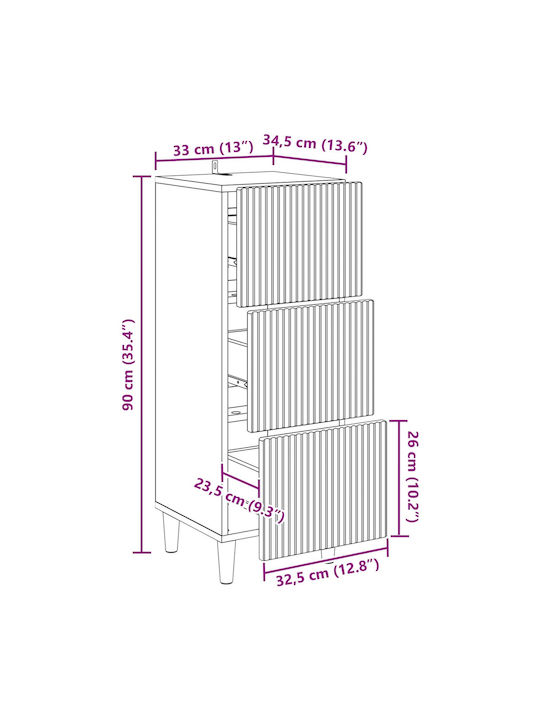 Wooden Storage Drawers with 3 Drawers L33xW34.5xH90cm