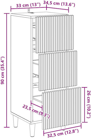 Sertar De Depozitare Din Lemn Cu 3 Sertare M33xL34.5xÎ90cm
