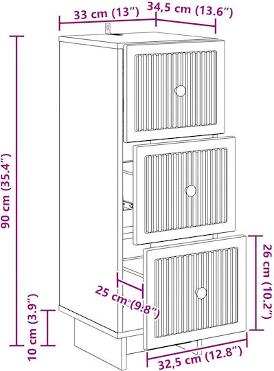 Sertar De Depozitare Din Lemn Cu 3 Sertare M33xL34.5xÎ90cm
