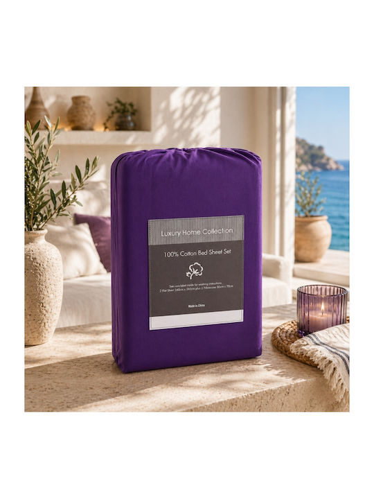 Oxford Home Set Bed Sheets Double 240x260cm Purple Lilac 4pcs