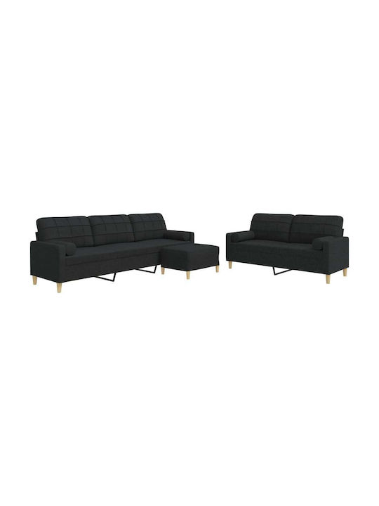 Living Room Furniture Set 3-Seater & 2-Seater & Stool Black