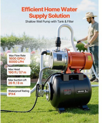 Vevor Elektrische Oberflächenwasserpumpe mit Automatischer Saugung 1,6hp Einphasig