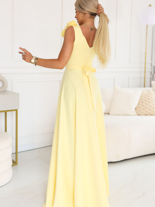 Καλοκαιρινό Maxi Βραδινό Φόρεμα με Σκίσιμο Butter Yellow