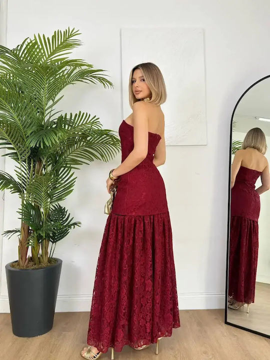 Maxi Damenkleid Für Hochzeit - Taufe Trägerlos Mit Spitze Rote