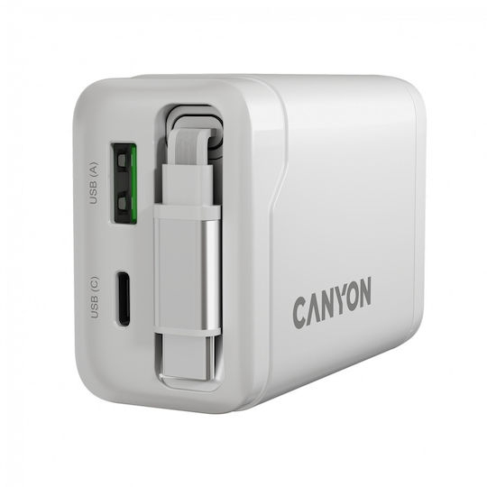 Canyon Φορτιστής Χωρίς Καλώδιο GaN με Θύρα USB-A και Θύρα USB-C και Καλώδιο USB-C 65W Power Delivery Λευκός (CNS-CURC65ACW)