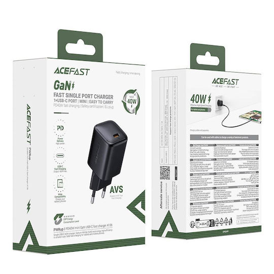 Acefast Charger Without Cable GaN With USB-C Port 40W Black (A136)