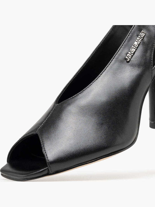 Кожени Peep Toe Обувки На Ток С Дебел Висок Ток Черни