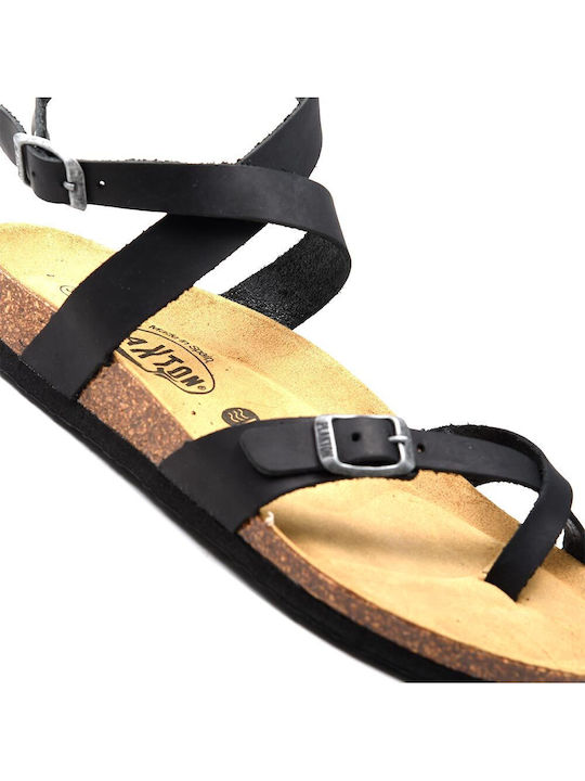 Bankog Leather Women's Flat Sandals Anatomic with Strap in Black Color