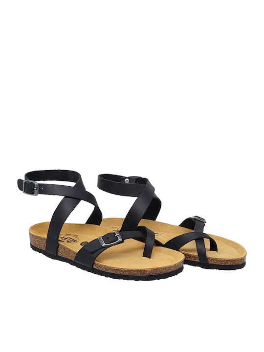 Bankog Leather Women's Flat Sandals Anatomic with Strap in Black Color