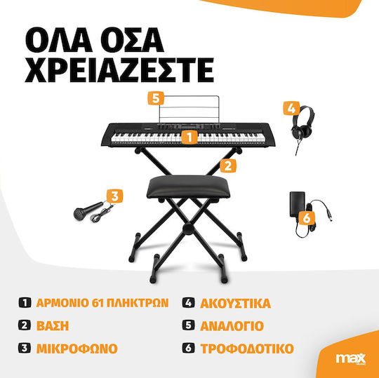 Max Keyboard RHAPSODY61L with 61 Keys with Fitting Bracket Headphones Stool and Stand Black