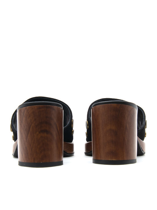 Suede Mules με Ψηλό Τακούνι σε Μαύρο Χρώμα