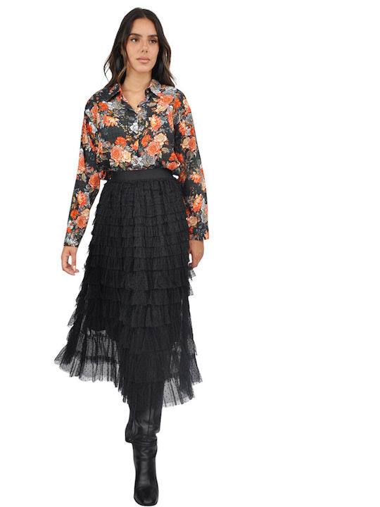 Maxi Skirt with Tulle Polka Dot Black