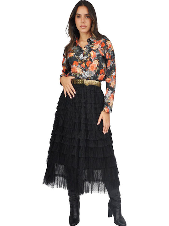 Maxi Skirt with Tulle Polka Dot Black
