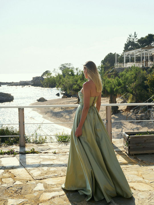 Summer Maxi Dress for Wedding / Christening Strapless Satin Green