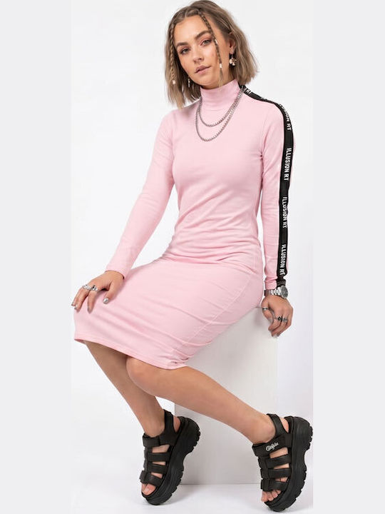 Rochie Midi cu Guler Înalt Roz