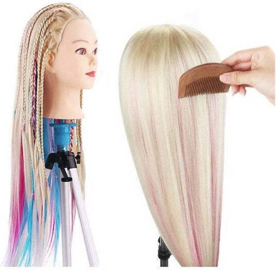Cap Manechin Pentru Practică Blond Auriu Albastru Roz 65cm Păr Des Stand