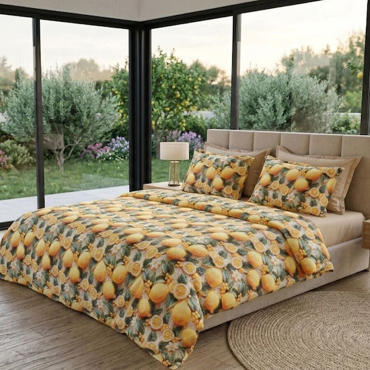 Pucioasa Set Huse Pentru Pilote Bumbac Satinat 200x230cm Dublu Cu 2 Fețe De Pernă & 1 Cearșaf Lemon
