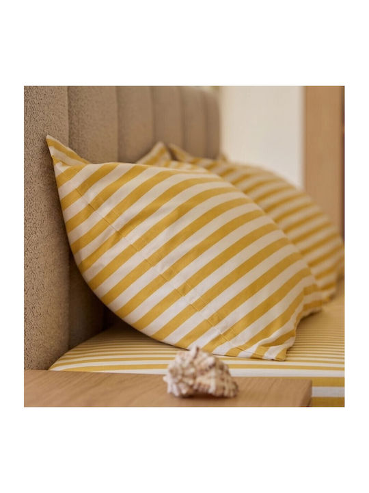 Pucioasa Set Huse Pentru Pilote Bumbac Satinat 200x230cm Dublu Cu 2 Fețe De Pernă & 1 Cearceaf Dungi Galbene