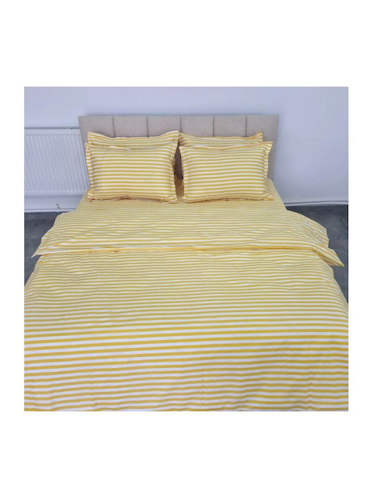 Pucioasa Set Huse Pentru Pilote Bumbac Satinat 200x230cm Dublu Cu 2 Fețe De Pernă & 1 Cearceaf Dungi Galbene