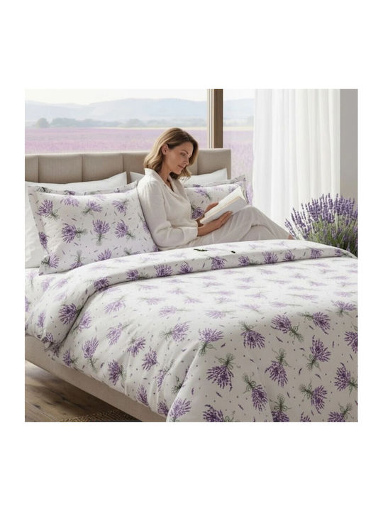 Pucioasa Set Huse Pentru Pilote Bumbac Satinat 200x230cm Dublu Cu 2 Fețe De Pernă & 1 Cearceaf Lavandă