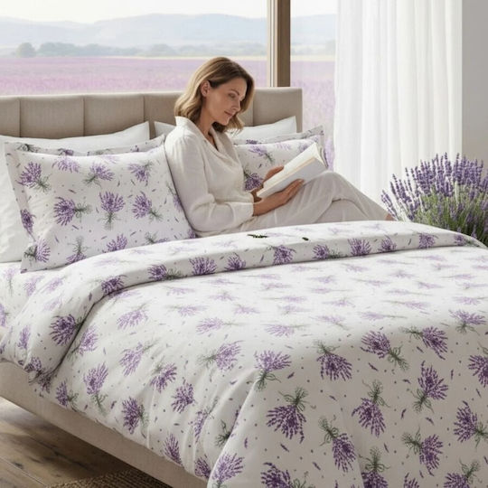 Pucioasa Cotton Satin Duvet Cover Set 200x230cm Double With 2 Pillowcases & 1 Bed Sheet Lavender