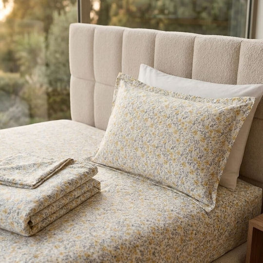 Pucioasa Set Huse Pentru Pilote Bumbac Satinat 200x230cm Dublu Cu 2 Fețe De Pernă & 1 Cearșaf Galbene Little Flowers