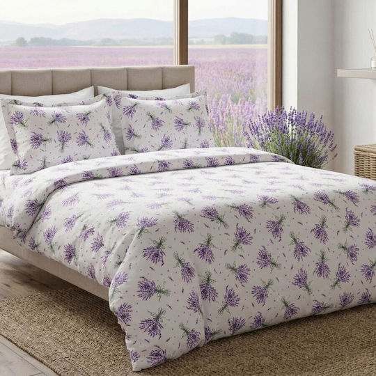 Pucioasa Cotton Satin Duvet Cover Set 200x230cm Double With 2 Pillowcases & 1 Bed Sheet Lavender