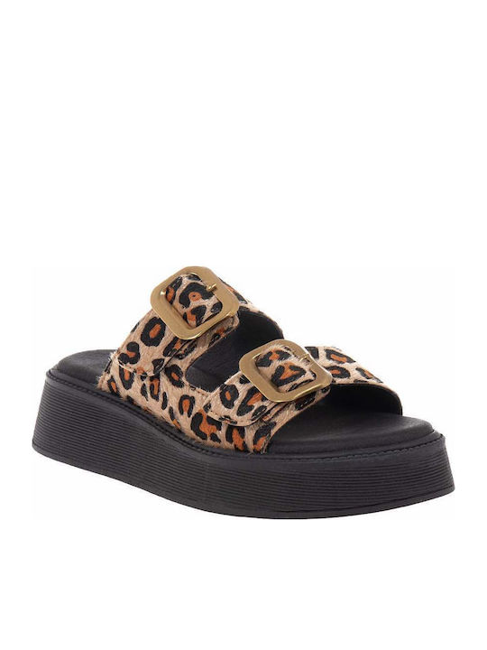 Leder Damen Flache Sandalen Leopard