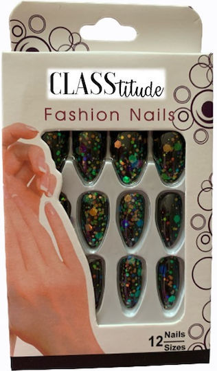 Set 12 Black Glitter Self-adhesive Press-on False Nails