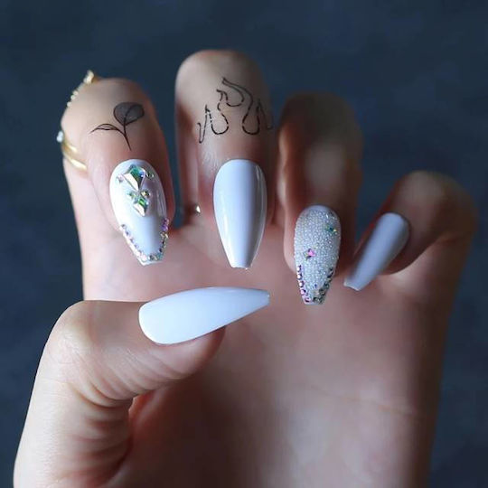 Set 24 Press-on False Nails Ballerina Glossy White Rhinestones