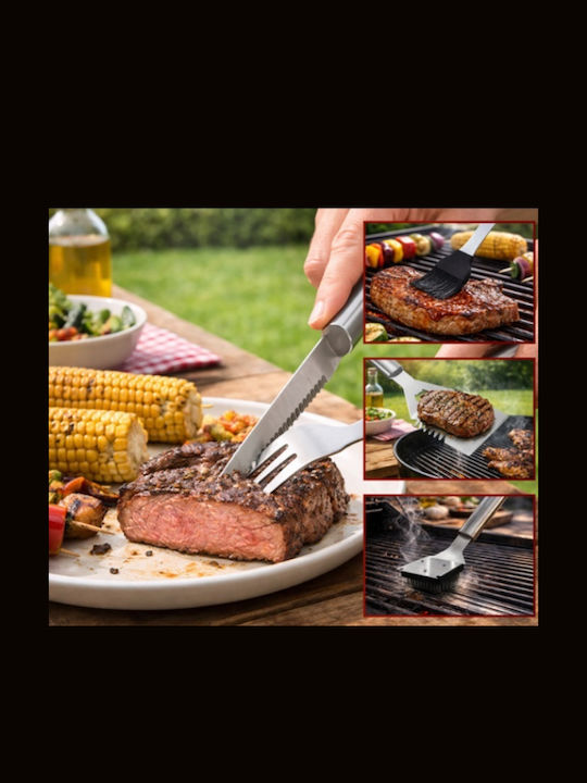 Set 26 Unelte pentru Grătar Premium Accesorii din Oțel Inoxidabil Include Perii Pensete Cuțite Spatulă Frigărui Suporturi pentru Porumb Furculițe Solnițe Geantă Căptușită din Aluminiu Dimensiuni 43 X 27 X 8 Cm Argintiu