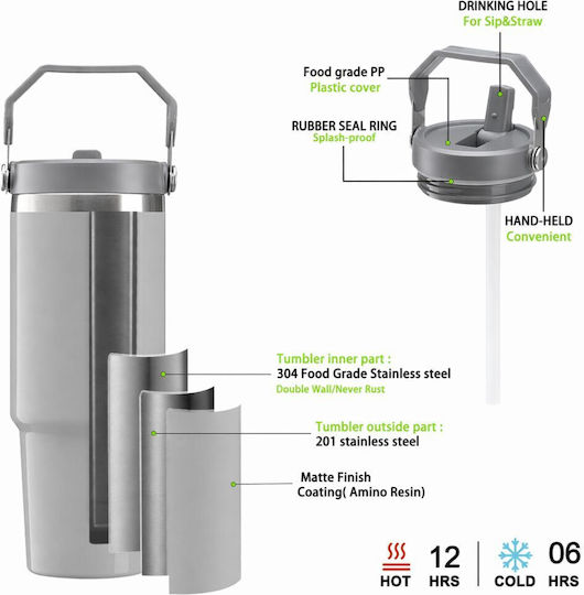 Koupakoupa Angel Handled Thermos Stainless Steel 890ml Gray with Straw and Handle