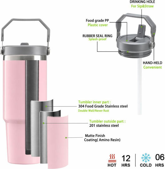 Koupakoupa Labubu Handled Thermos Stainless Steel 890ml Pink with Straw and Handle